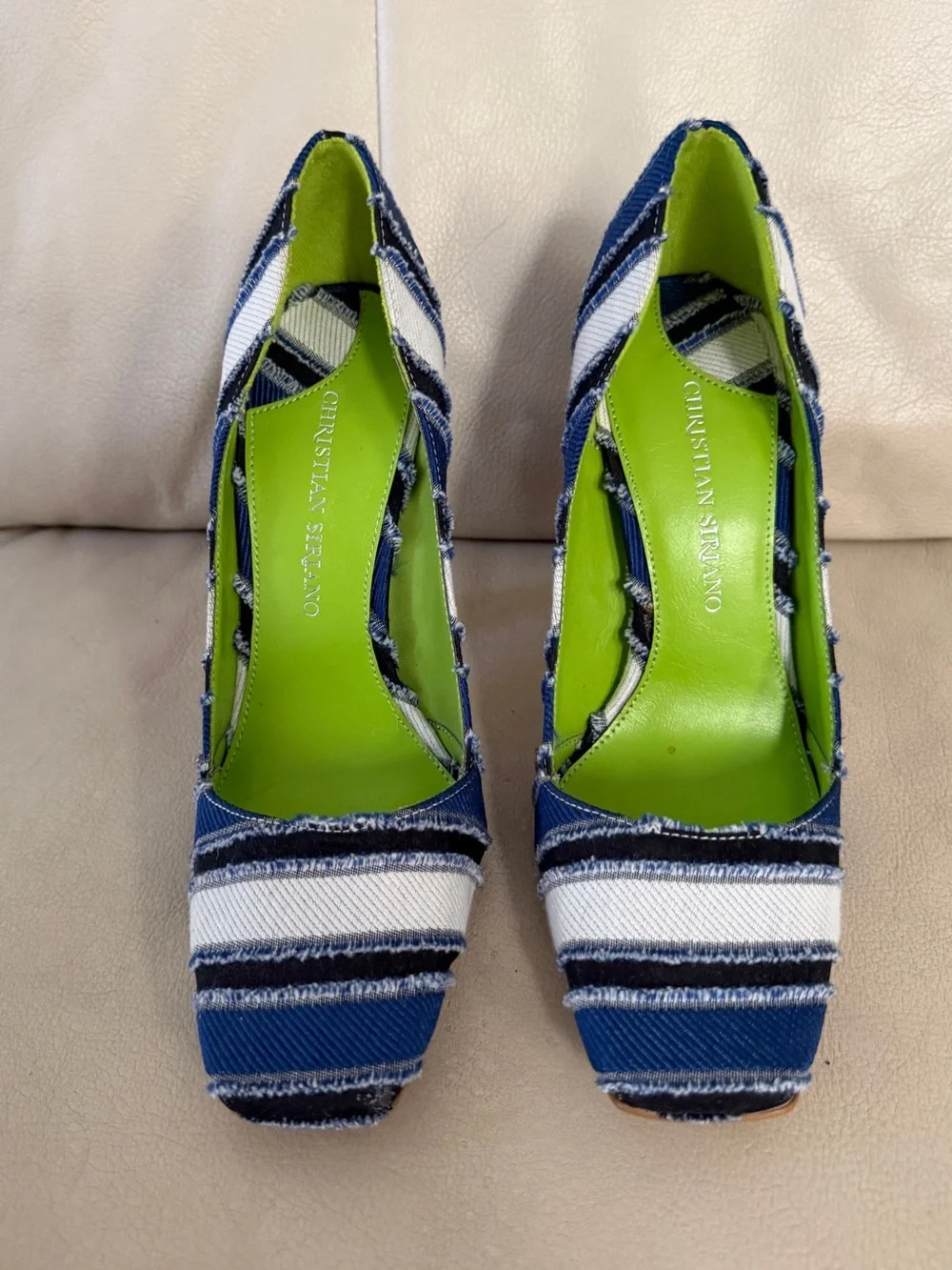 Christian Siriano Navy and White Striped Pointed Pumps with Lime Insole